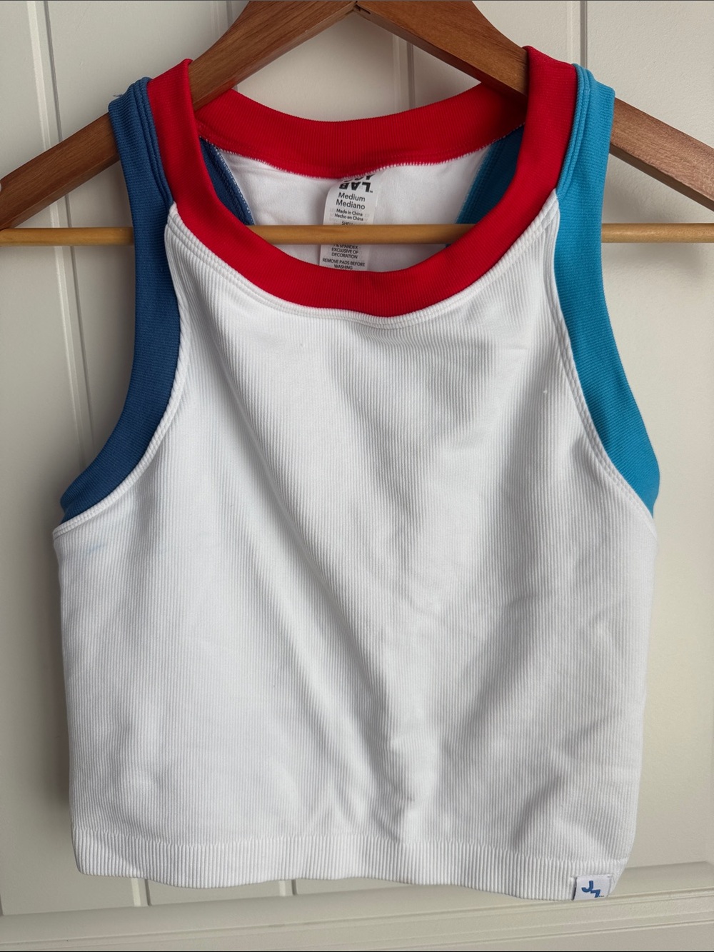 JoyLab White Cropped Ribbed Tank with Red Neckline and Blue Trim
